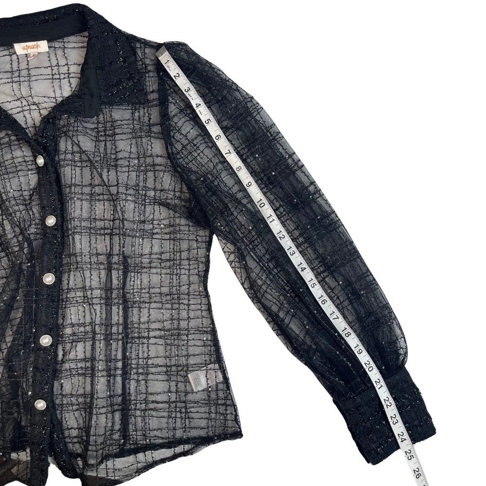 Black Plaid Sheer Sparkle Button Up Blouse Top Medium Whimsigoth Edgy Fairy - Picture 11 of 13